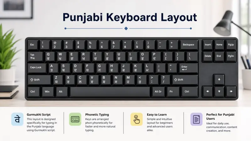Visual guide of Punjabi keyboard layout showing Gurmukhi characters on a QWERTY keyboard.