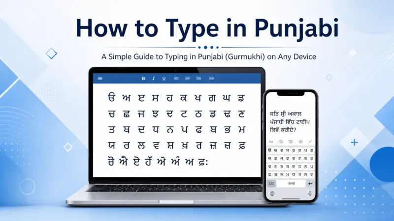 Infographic showing how to type in Punjabi on laptop and mobile devices with Gurmukhi keyboard layout.
