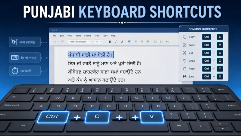 Graphic showing essential Punjabi keyboard shortcuts on a modern keyboard with a Punjabi text document in the background.