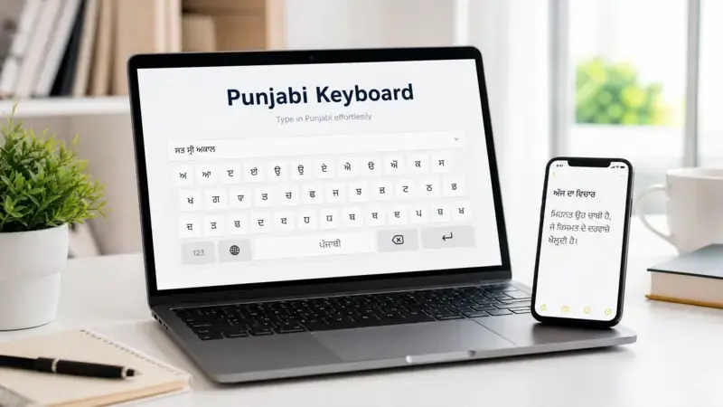 A virtual Punjabi Keyboard interface displayed on a laptop and smartphone, ready for typing.