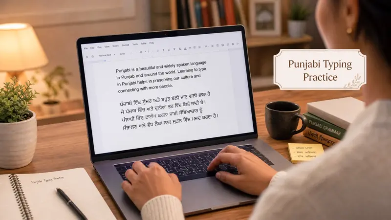 A person typing Punjabi on a laptop, demonstrating Punjabi Typing practice.