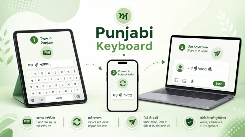 Infographic showing the Punjabi Keyboard in use across a tablet, smartphone, and laptop, demonstrating multi-device compatibility.
