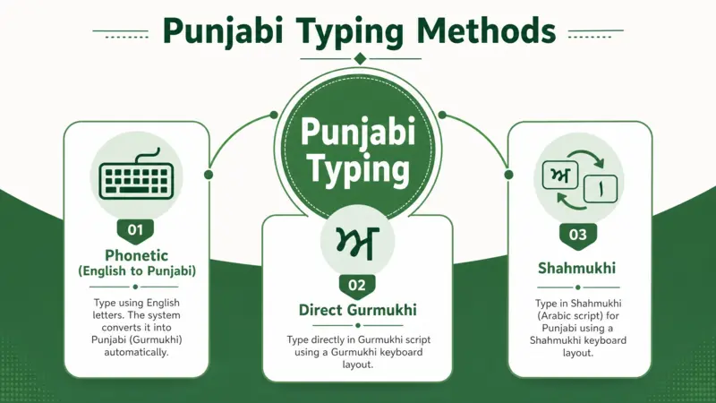 Infographic detailing different Punjabi Typing methods: phonetic, Gurmukhi, and Shahmukhi.