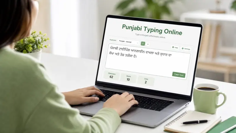 A person using a laptop for Punjabi Typing Online, with the interface showing Punjabi text and character counts.