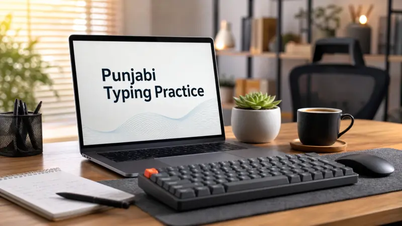 Laptop screen showing "Punjabi Typing Practice" with a mechanical keyboard, coffee, and plant on a wooden desk, symbolizing a dedicated learning environment.